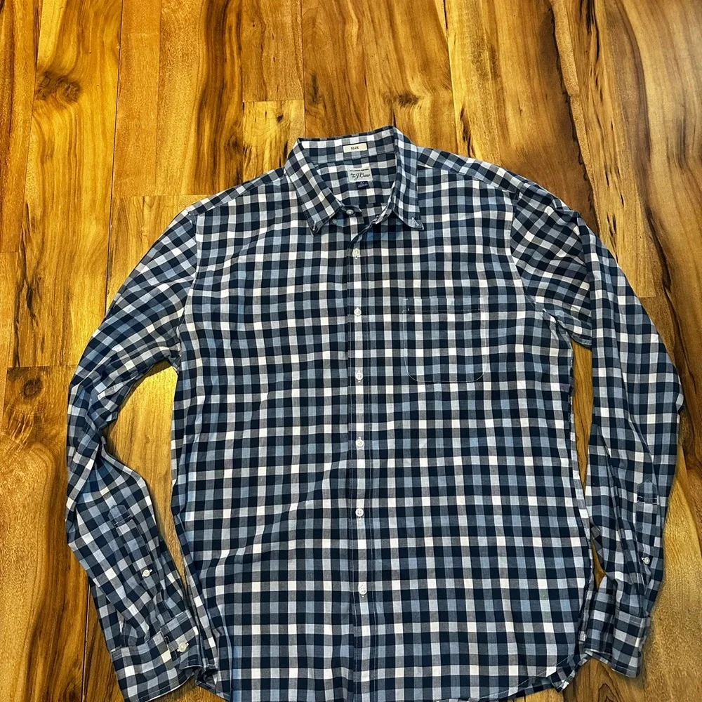 J.Crew Mens Slim Fit XL Blue White Gingham Button Down Shirt Secret Wash Cotton